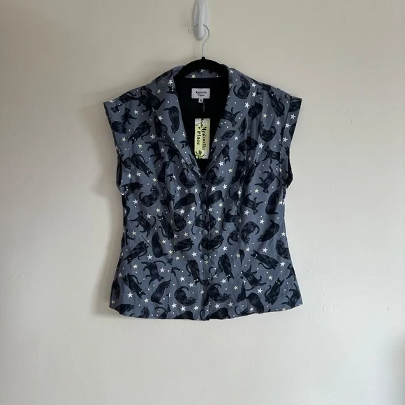 Magnolia Place Retro Black Cat Star Print Button Down Top/Vest, NWT - Picture 4 of 7